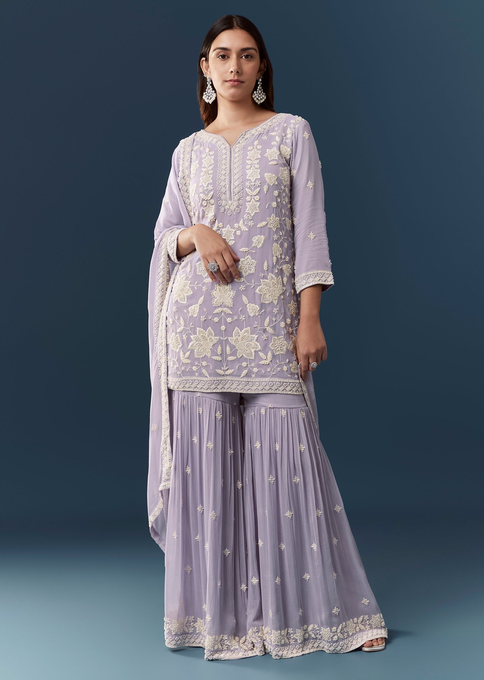 Pink Jacquard Weave Kurta Palazzo Set