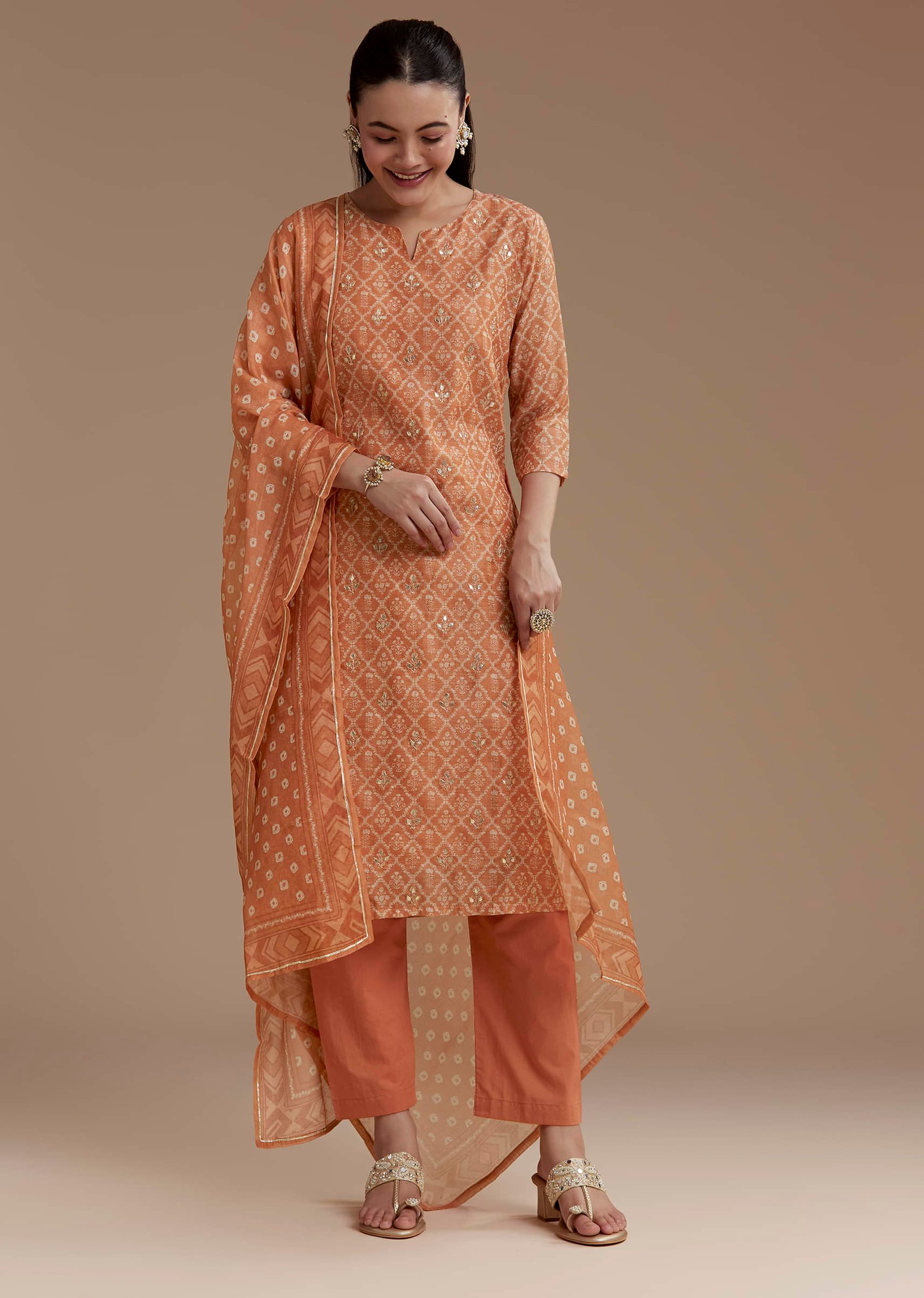 Orange Chanderi Floral Print Kurta Set with Gotta Work