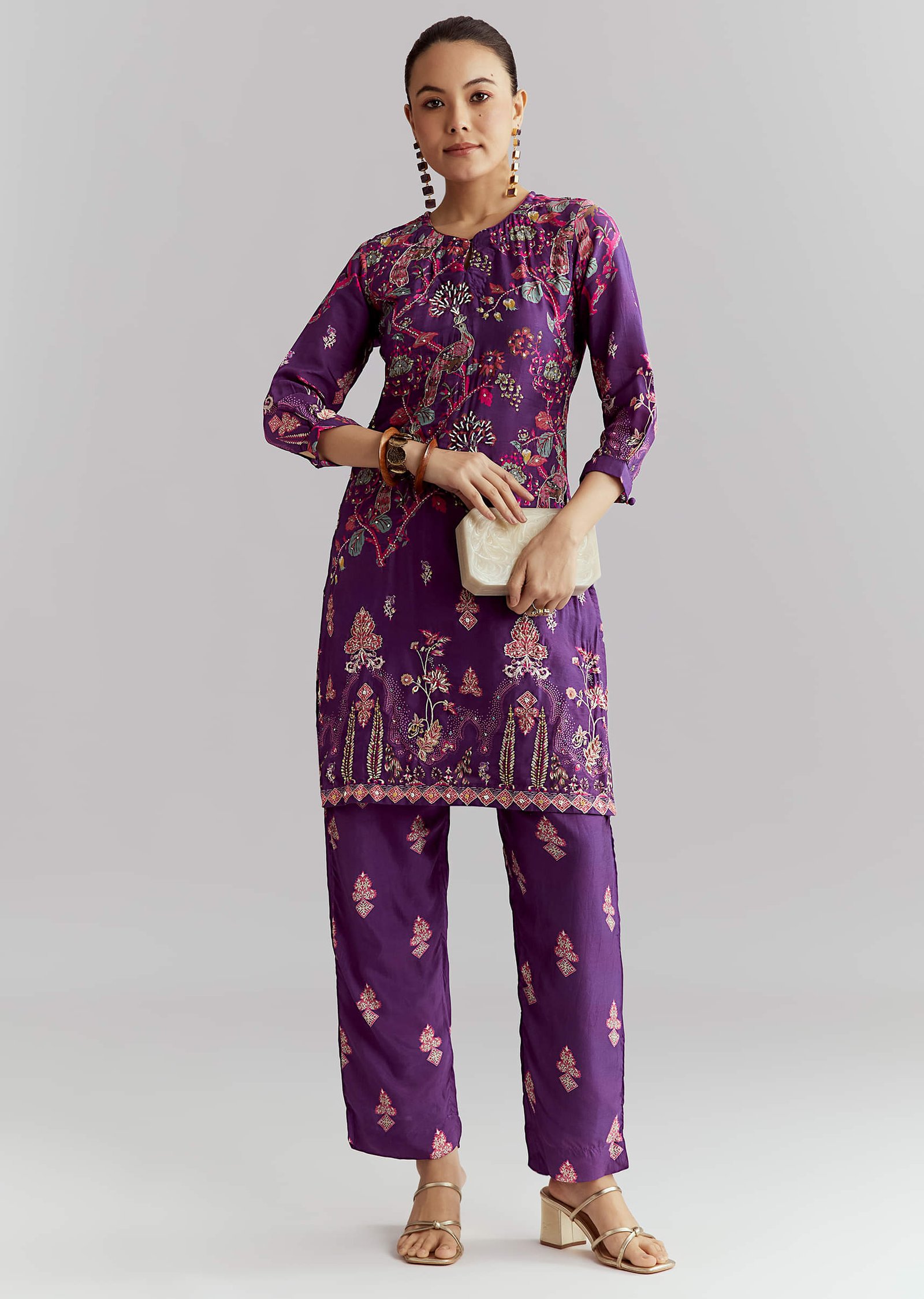 Purple Crepe Printed Co Ord Set With Sequins And Beads Work