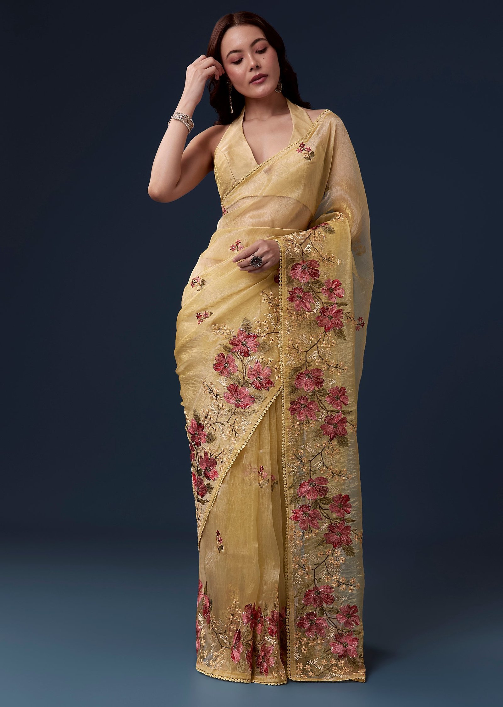 Yellow Tissue Organza Saree With Multicolor Resham Thread And Lace Border